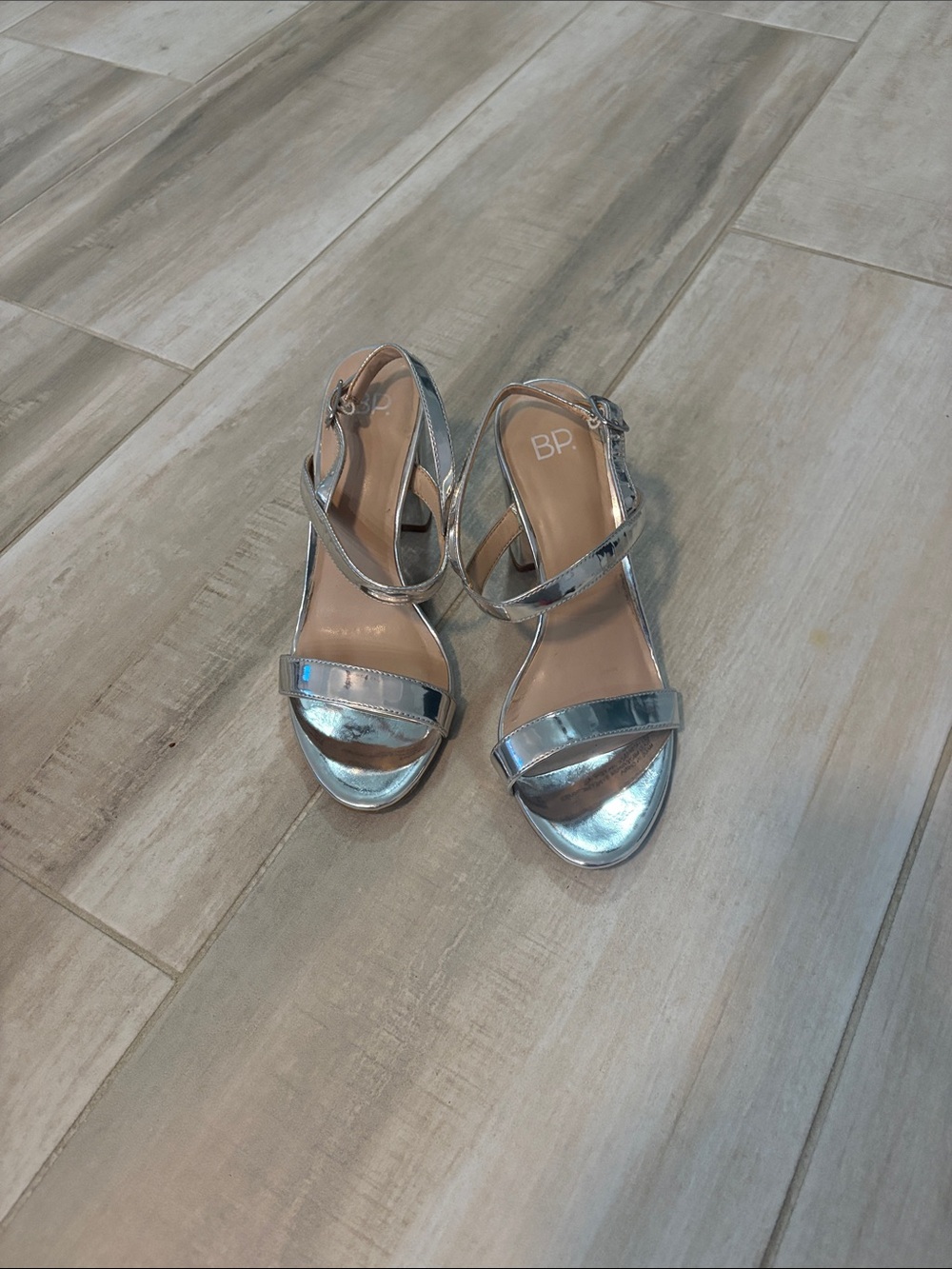 bp Silver Metallic Strappy Block Heel Sandals